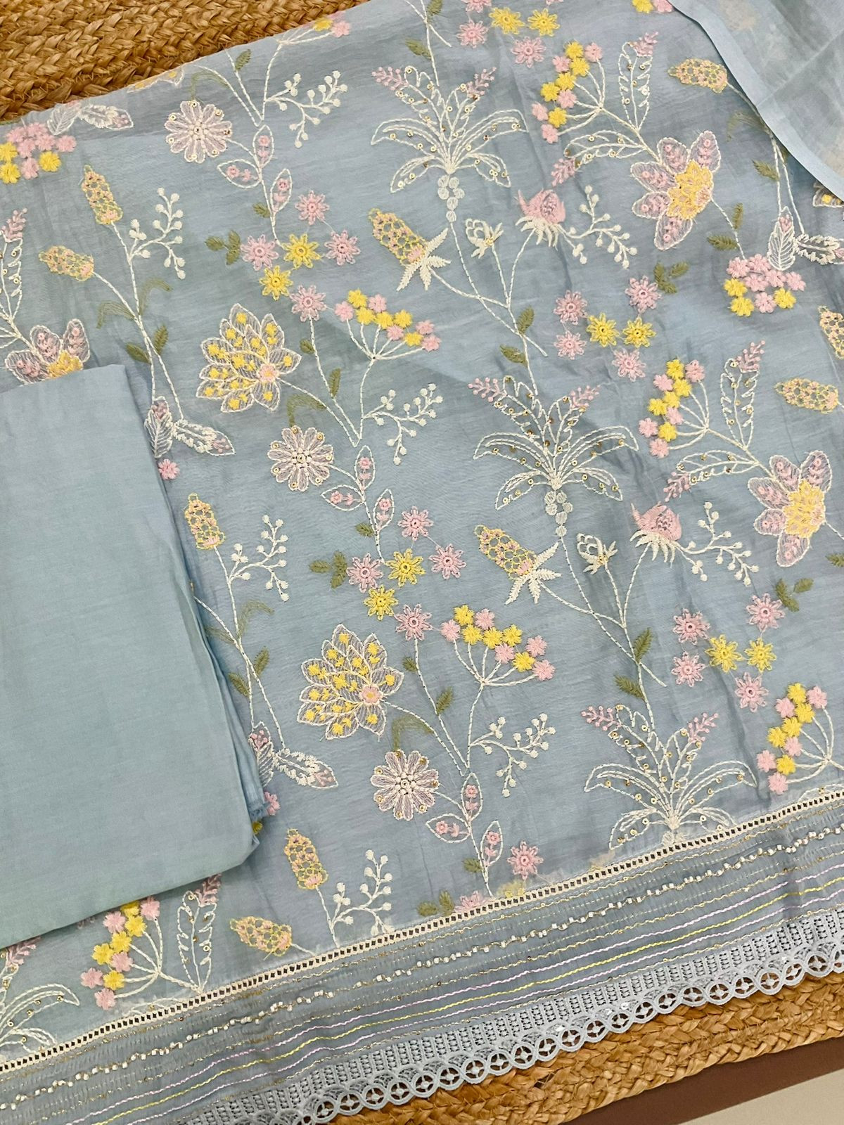 Pure Mul Chanderi Embroidered Suit - Blue