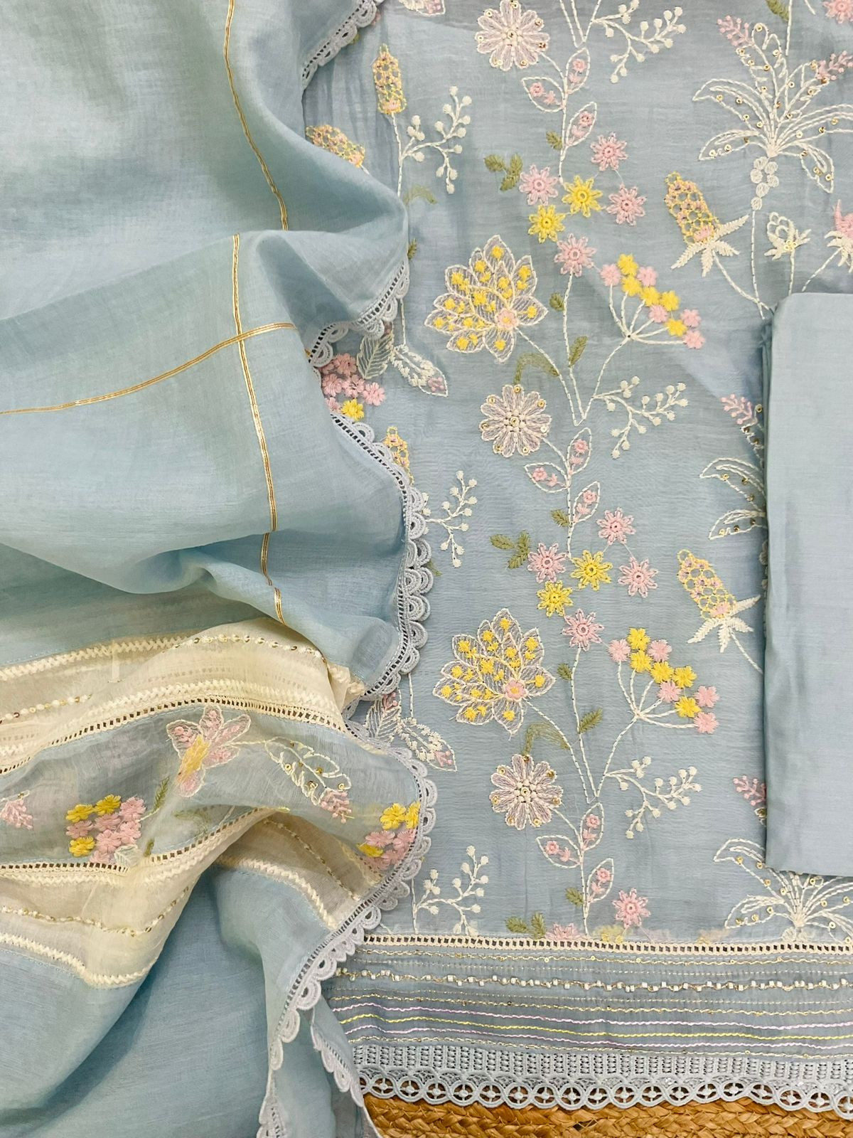 Pure Mul Chanderi Embroidered Suit - Blue