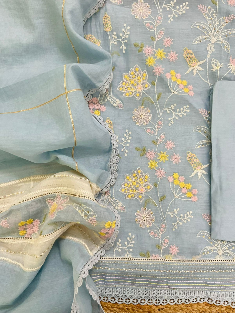 Image of Pure Mul Chanderi Embroidered Suit - Blue