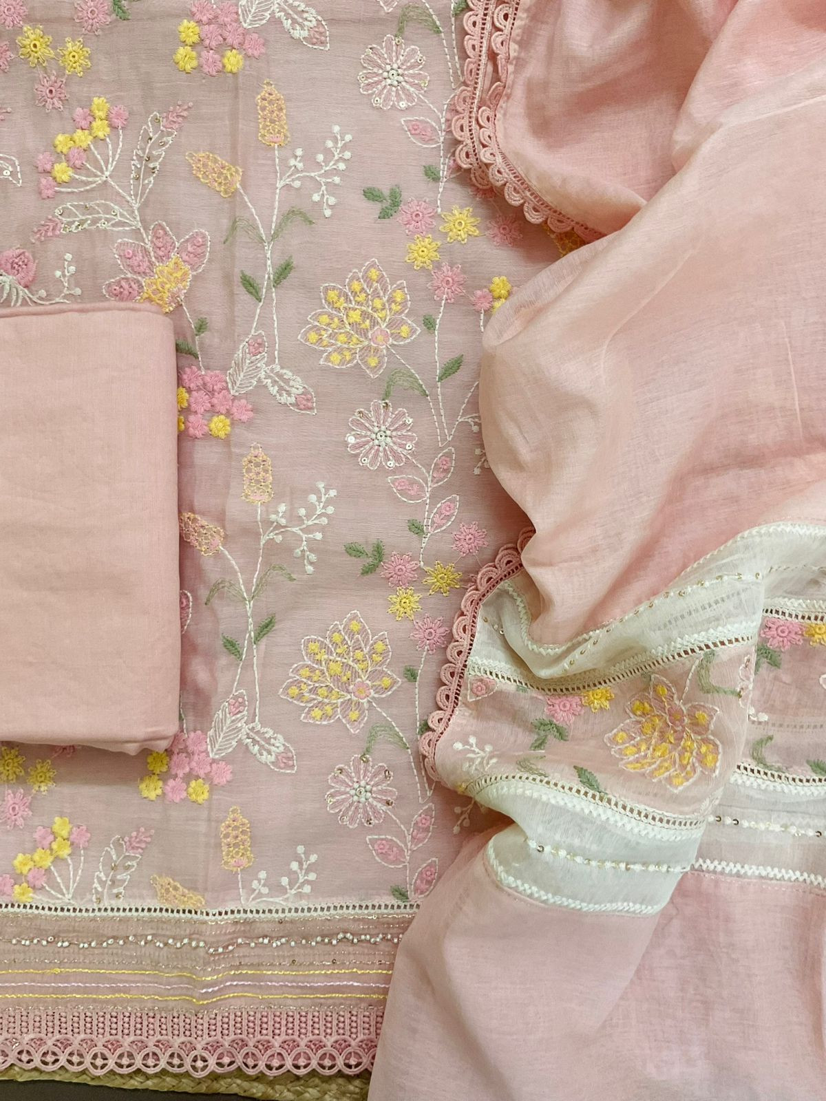 Pure Mul Chanderi Embroidered Suit - Pink