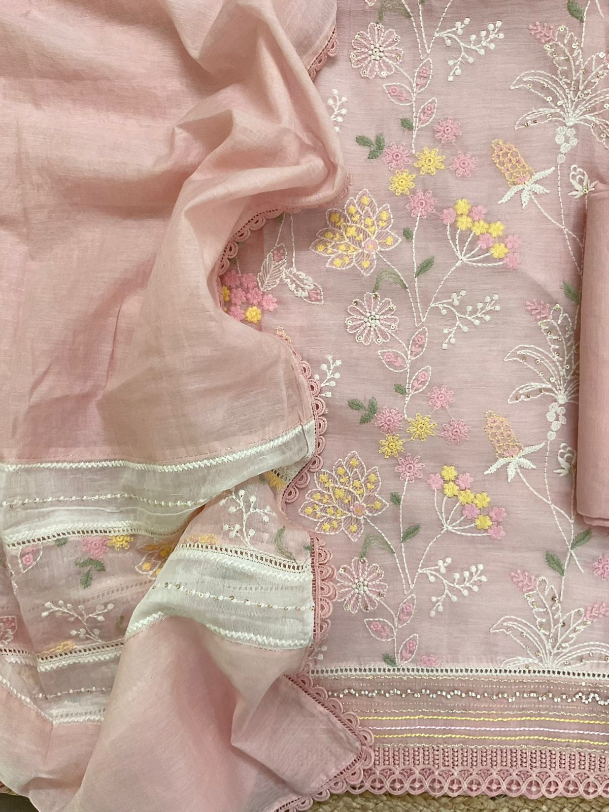 Pure Mul Chanderi Embroidered Suit - Pink