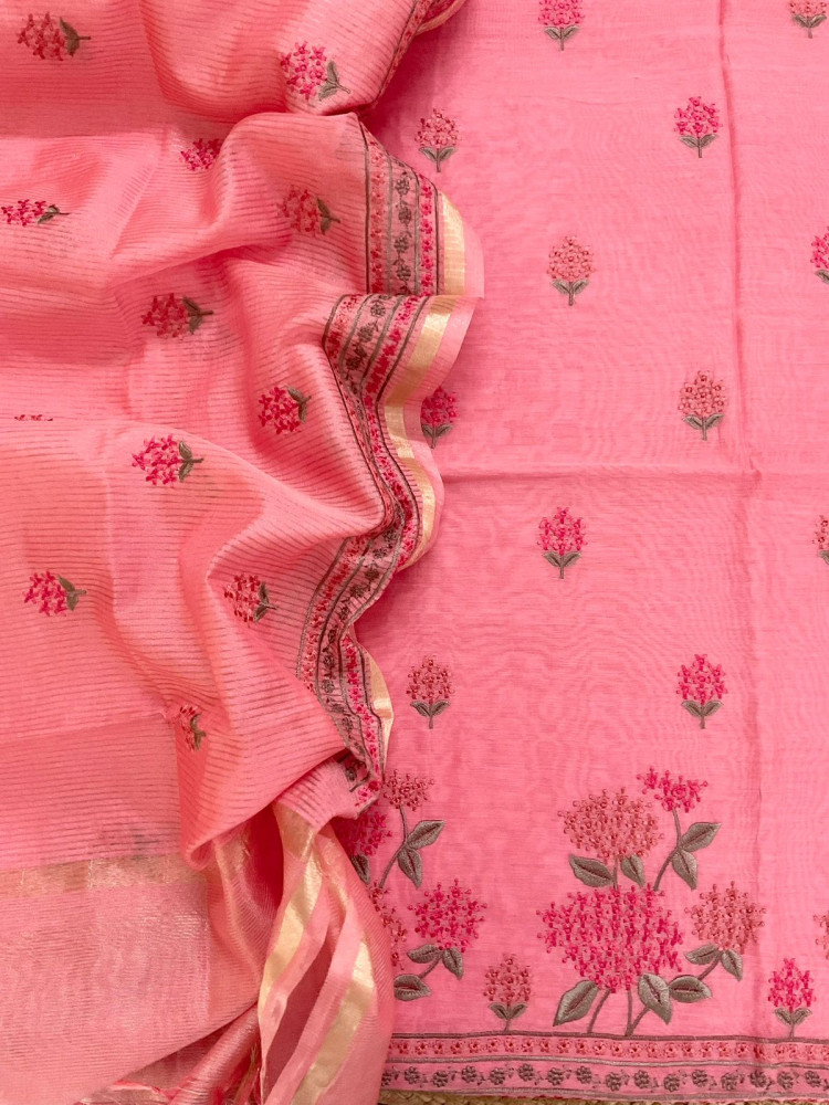 Image of Soft Chanderi Embroidered Suit - Pink