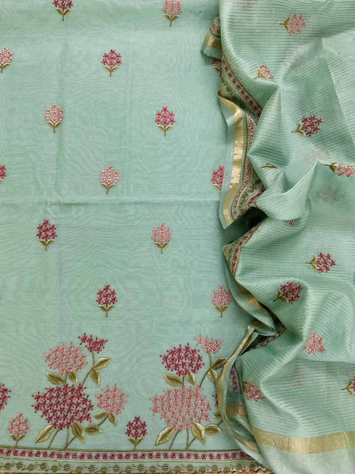 Soft Chanderi Embroidered Suit - Sea Green