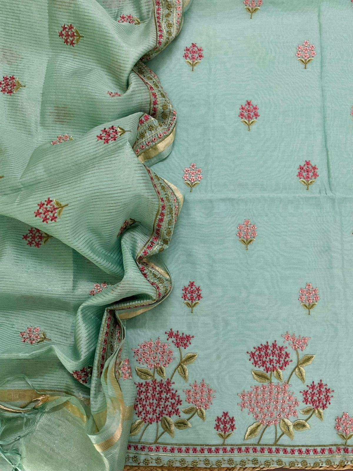 Soft Chanderi Embroidered Suit - Sea Green