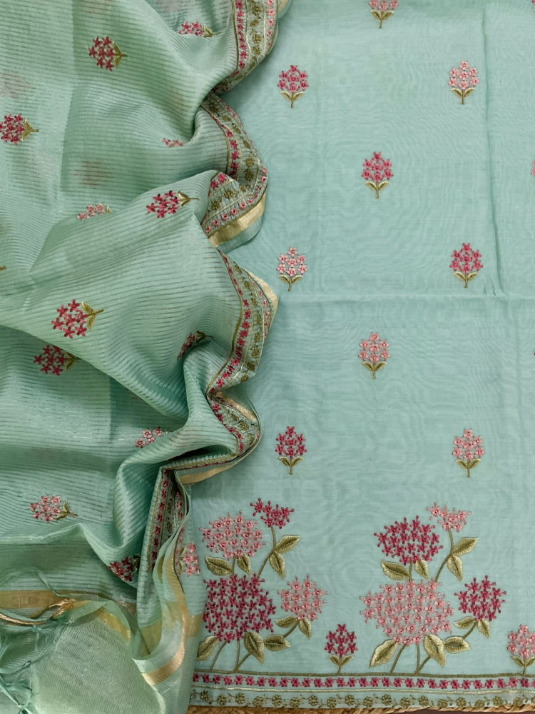 Image of Soft Chanderi Embroidered Suit - Sea Green