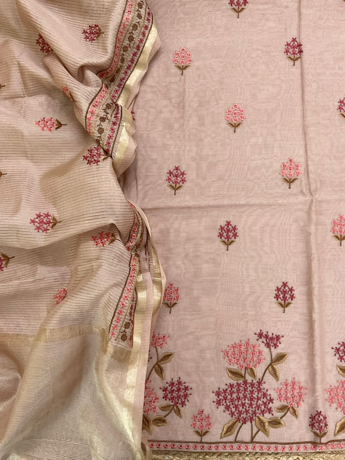 Soft Chanderi Embroidered Suit - Brown