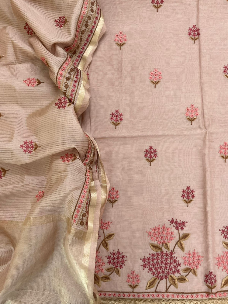 Image of Soft Chanderi Embroidered Suit - Brown