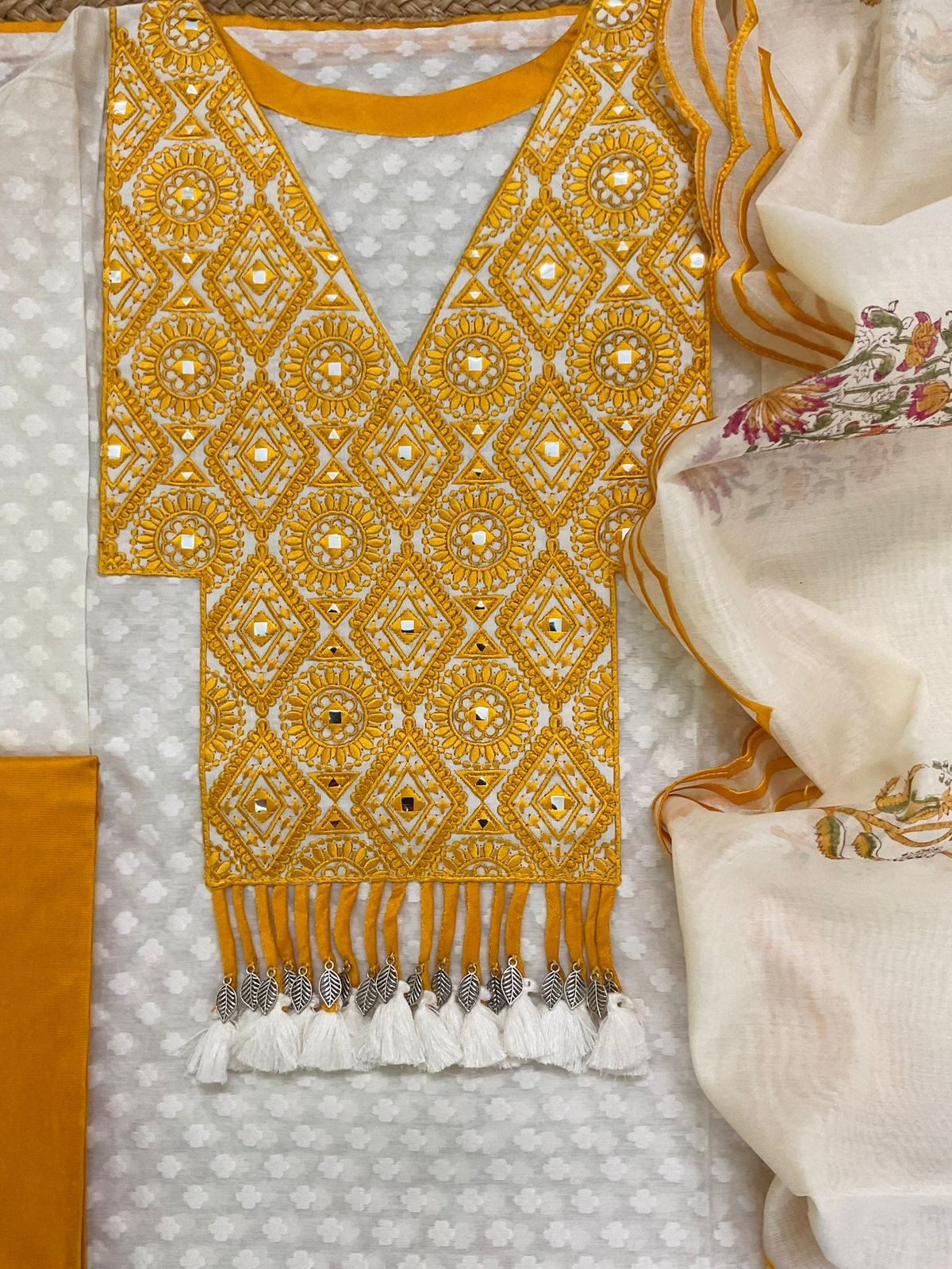 Pure Mul Chanderi Printed Embroidered Suit - Off White