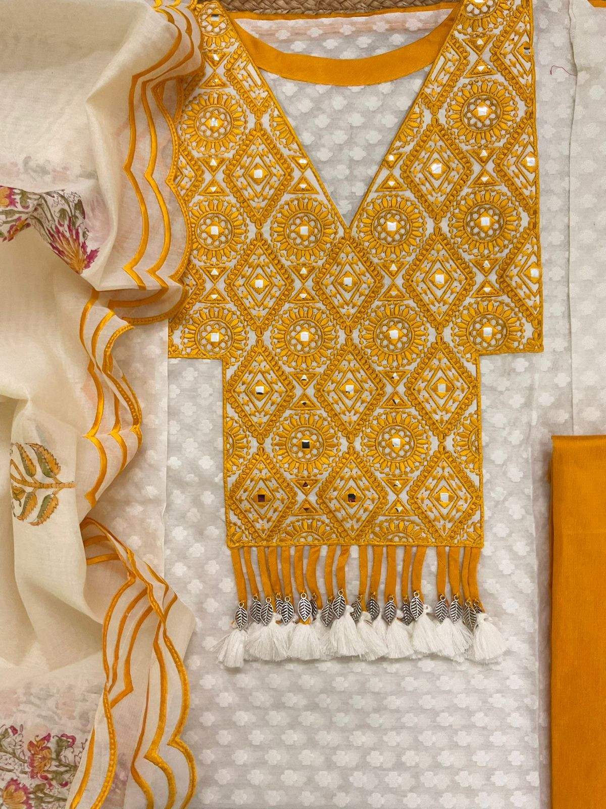 Pure Mul Chanderi Printed Embroidered Suit - Off White