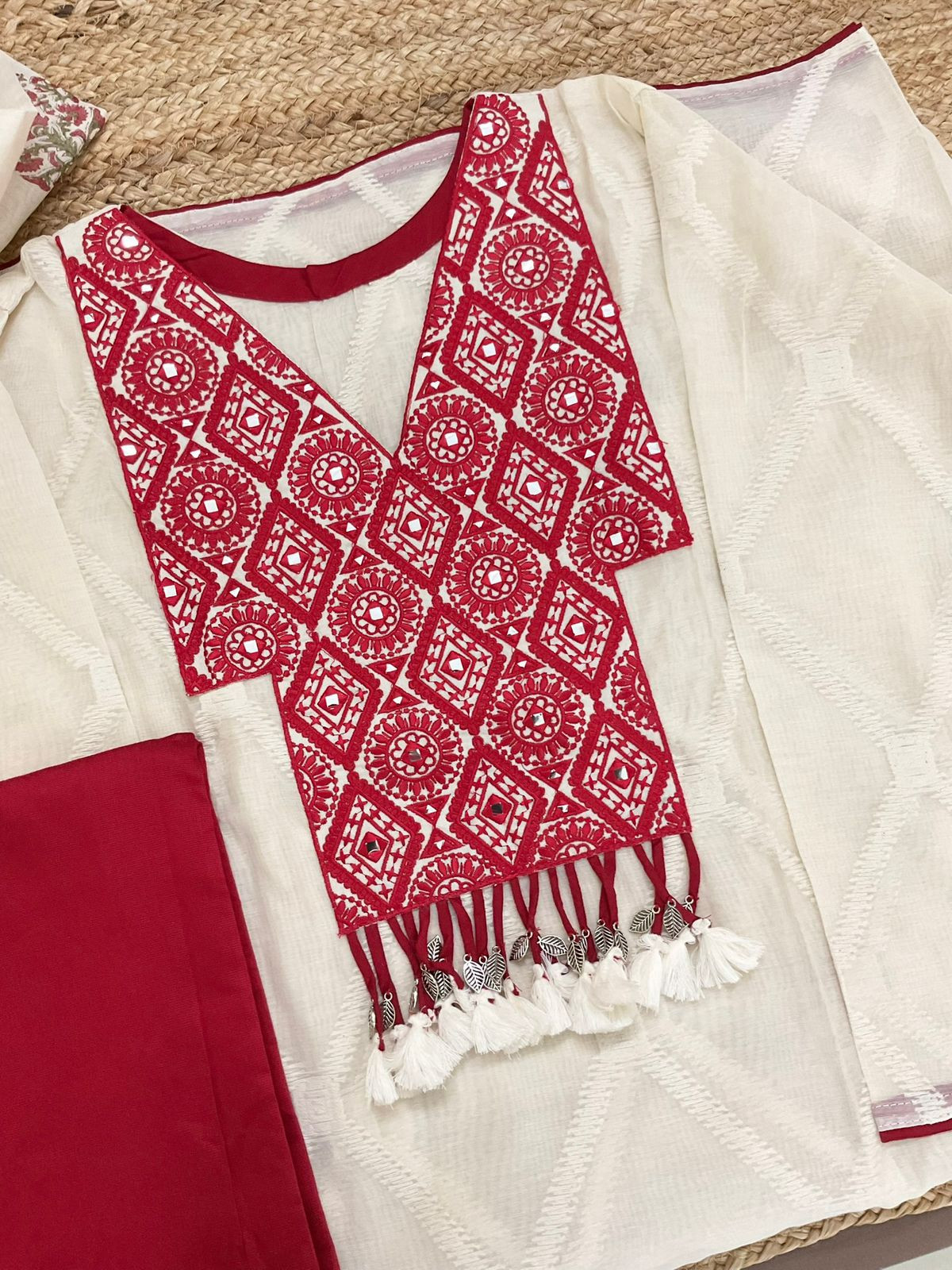 Pure Mul Chanderi Printed Embroidered Suit - Off White