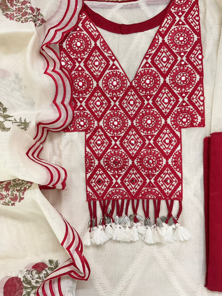Image of Pure Mul Chanderi Printed Embroidered Suit - Off White