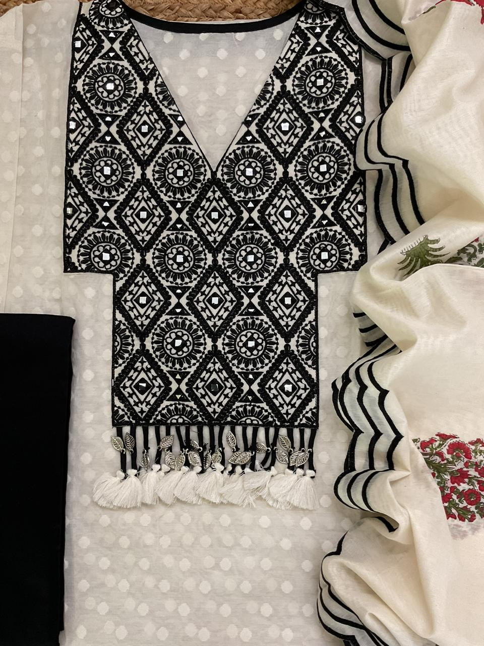 Pure Mul Chanderi Printed Embroidered Suit - Off White