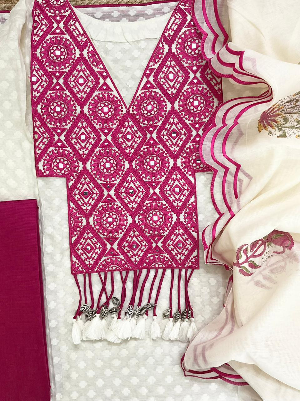 Pure Mul Chanderi Printed Embroidered Suit - Off White