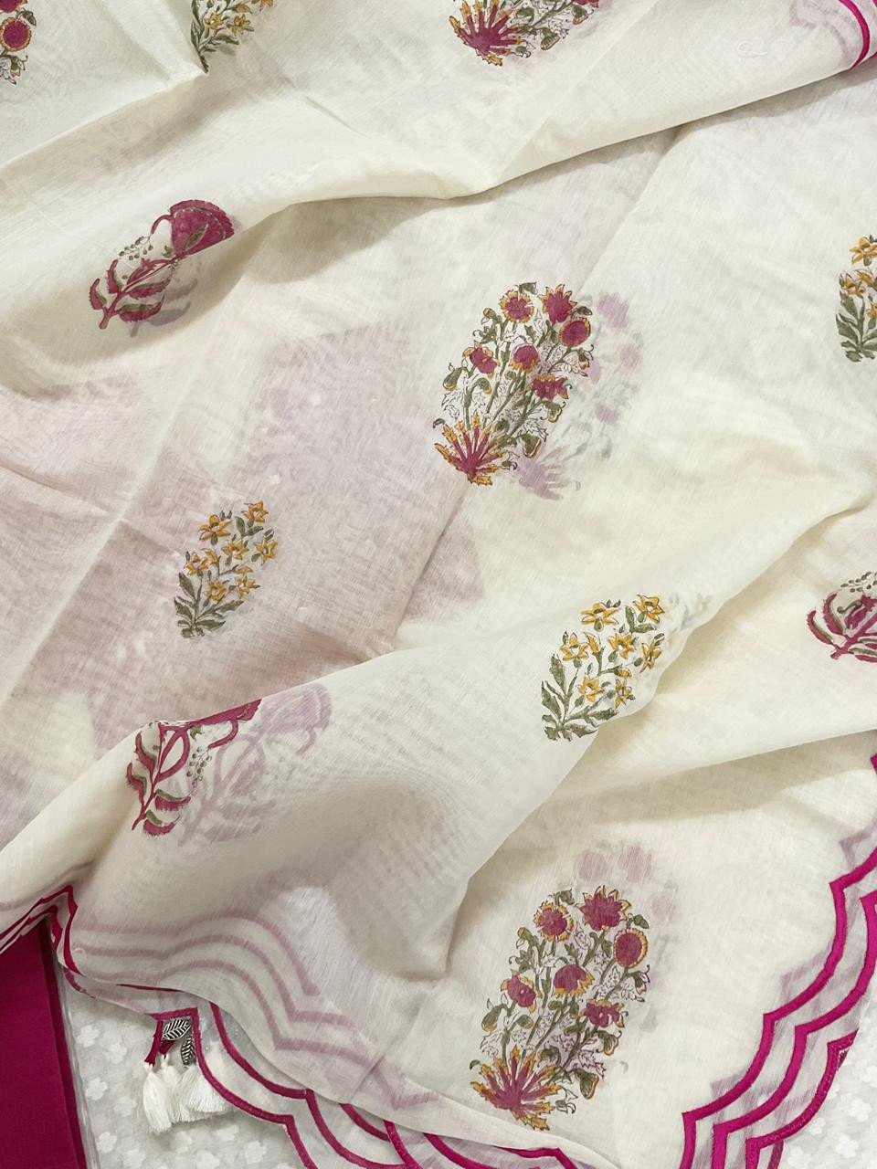 Pure Mul Chanderi Printed Embroidered Suit - Off White