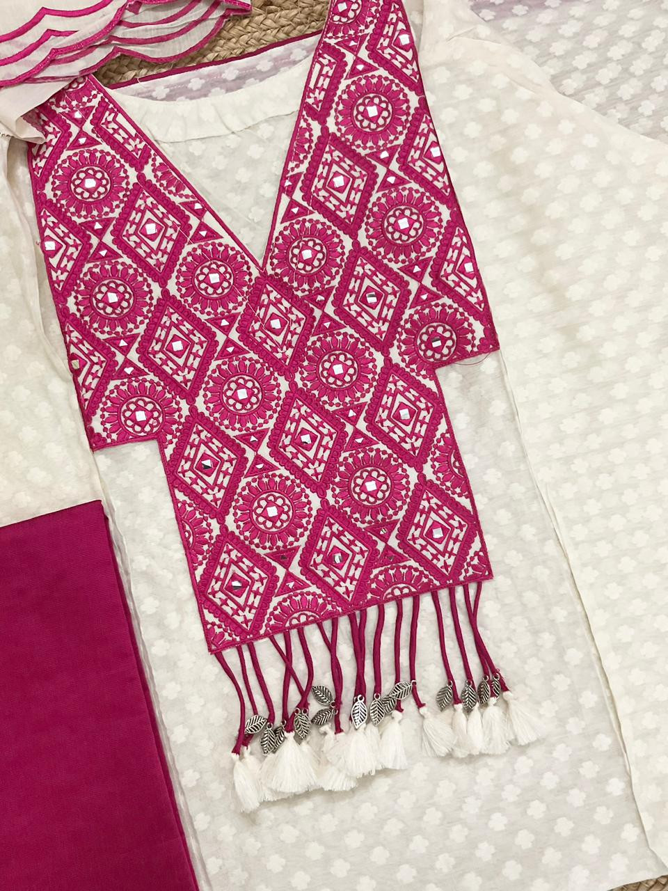 Pure Mul Chanderi Printed Embroidered Suit - Off White