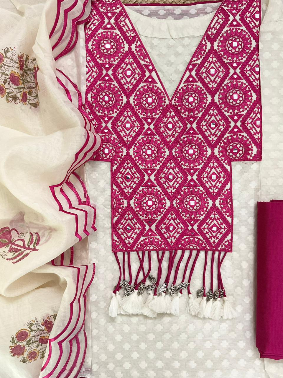 Pure Mul Chanderi Printed Embroidered Suit - Off White