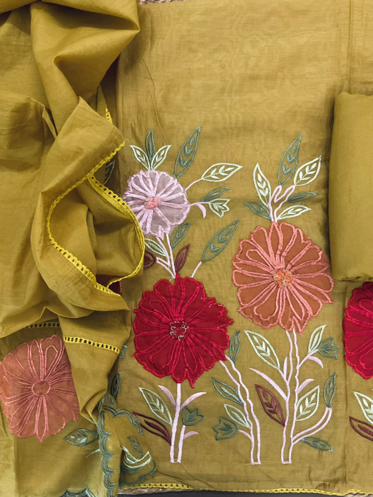 Image of Soft Chanderi Embroidered Suit - Yellow