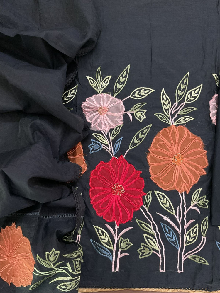 Image of Soft Chanderi Embroidered Suit - Black