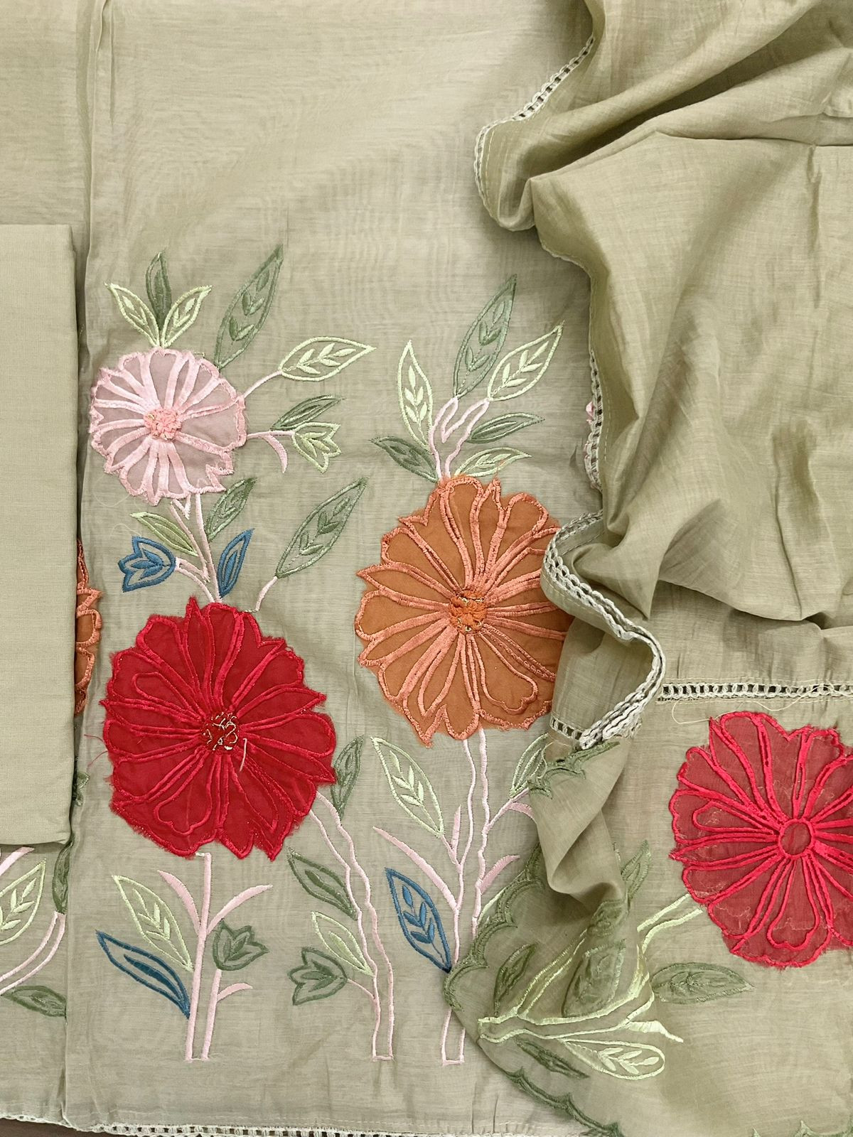 Soft Chanderi Embroidered Suit - Beige