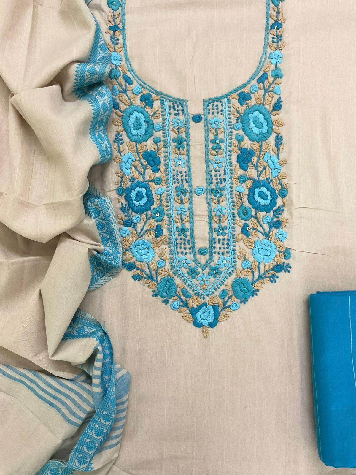 Pure Handloom Cotton Self Weaved Embroidered Suit - Beige