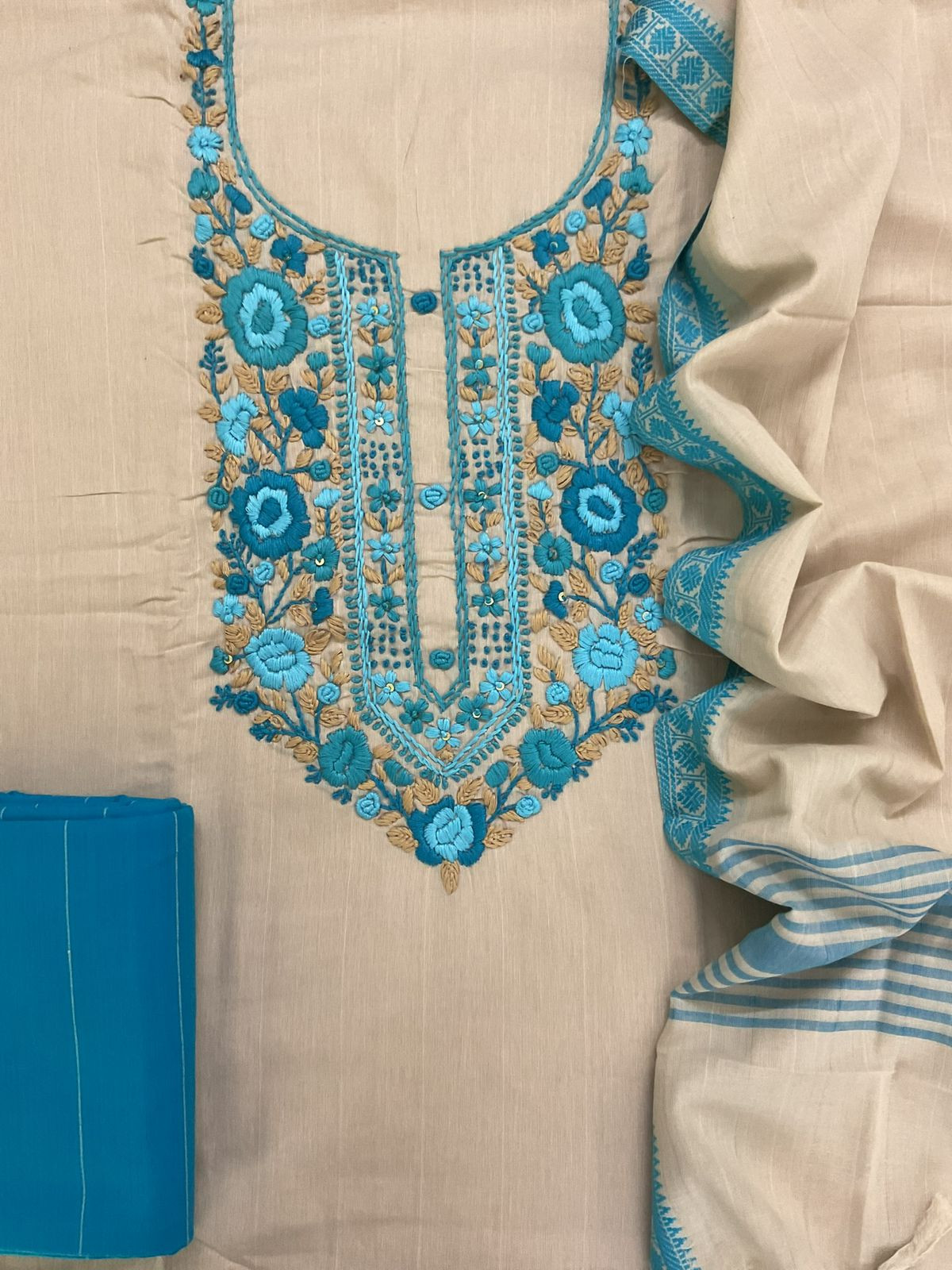 Pure Handloom Cotton Self Weaved Embroidered Suit - Beige