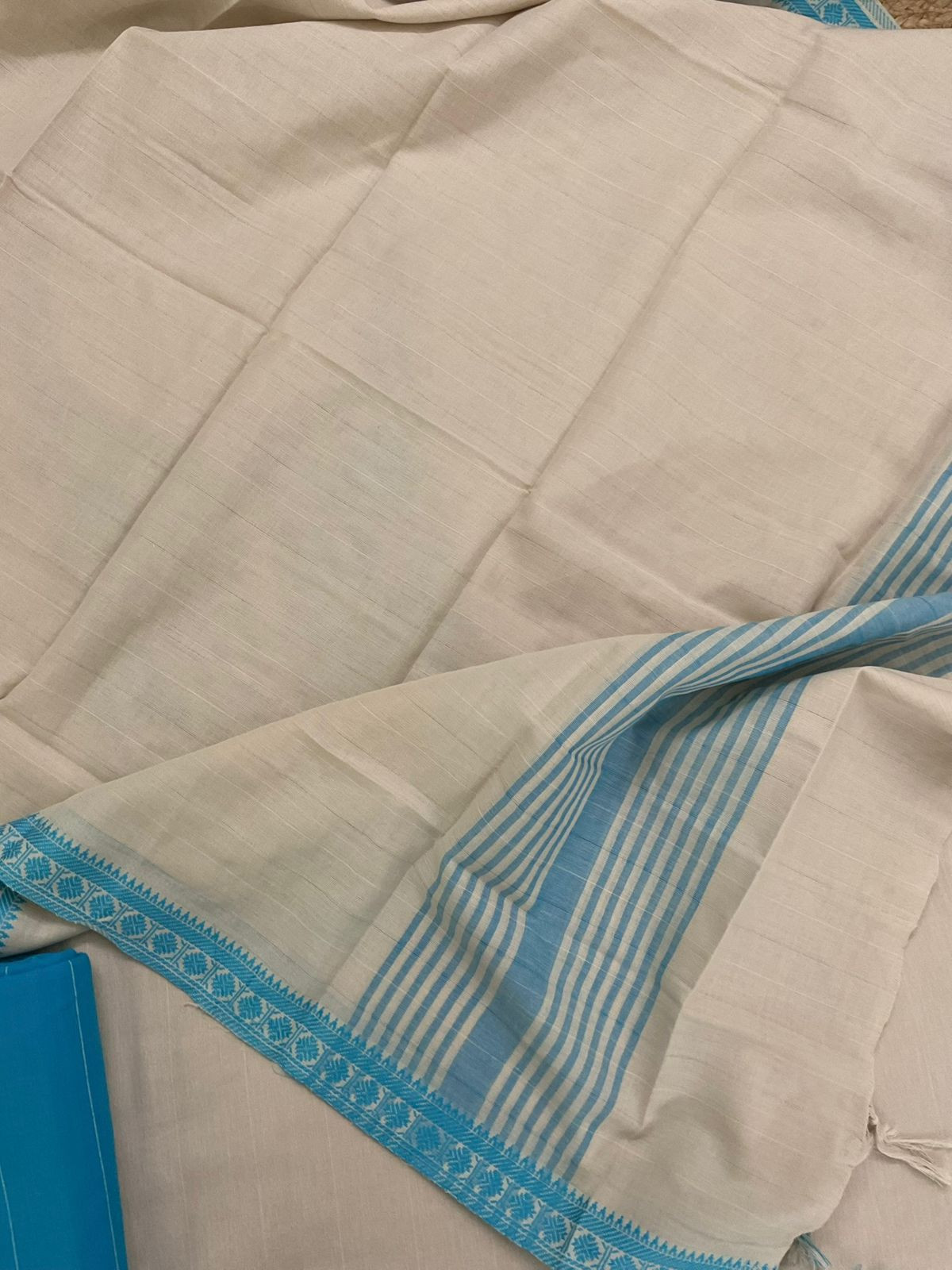 Pure Handloom Cotton Self Weaved Embroidered Suit - Beige