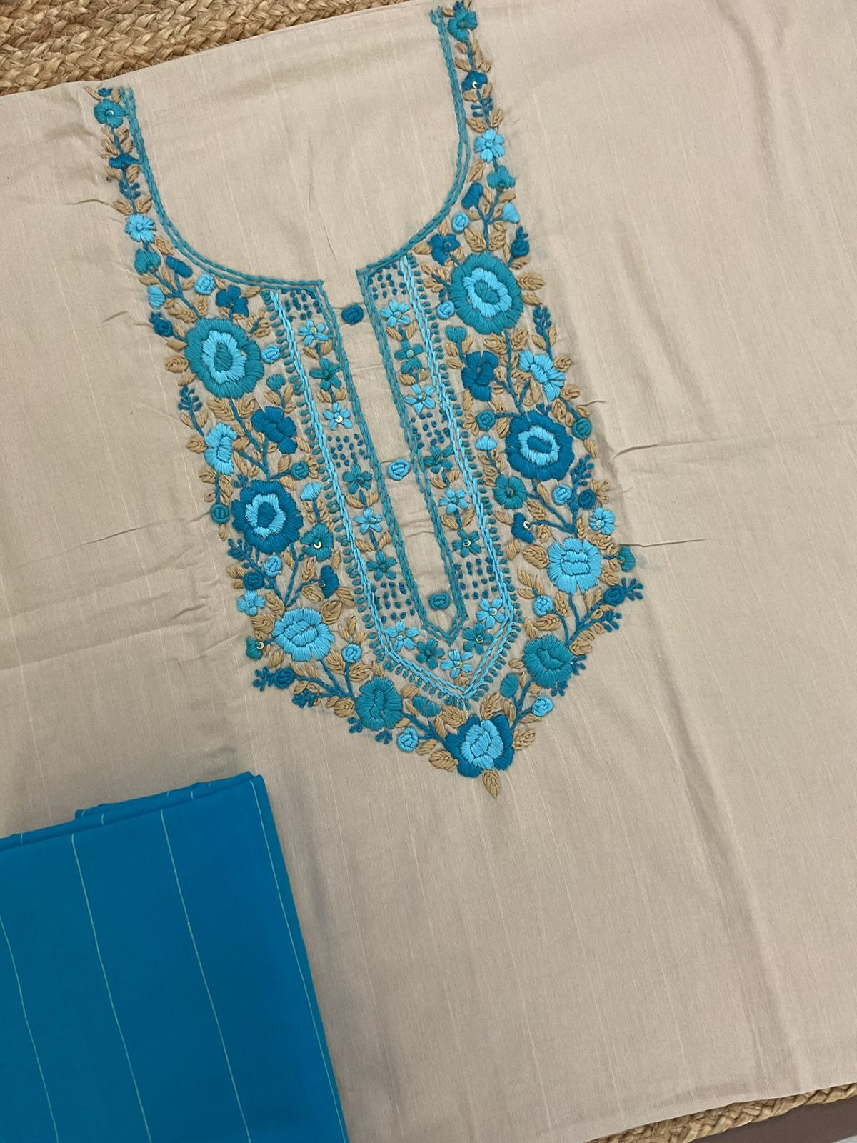 Pure Handloom Cotton Self Weaved Embroidered Suit - Beige