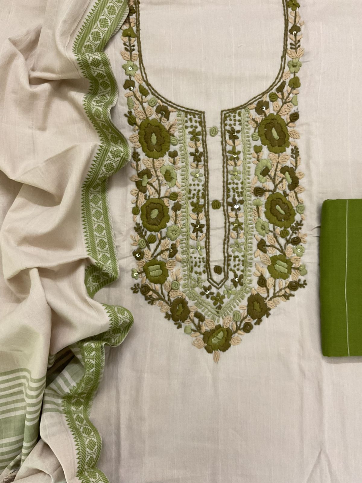 Pure Handloom Cotton Self Weaved Embroidered Suit - Beige