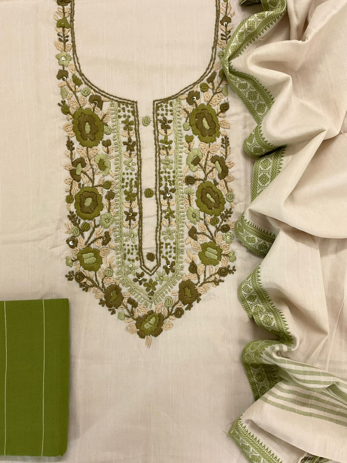 Pure Handloom Cotton Self Weaved Embroidered Suit - Beige