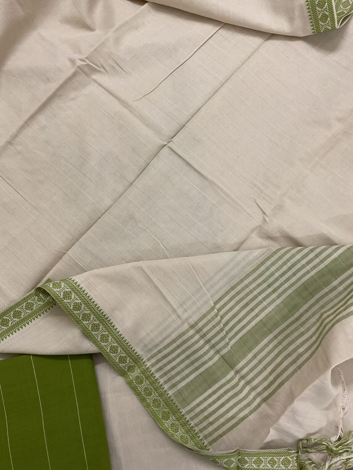 Pure Handloom Cotton Self Weaved Embroidered Suit - Beige