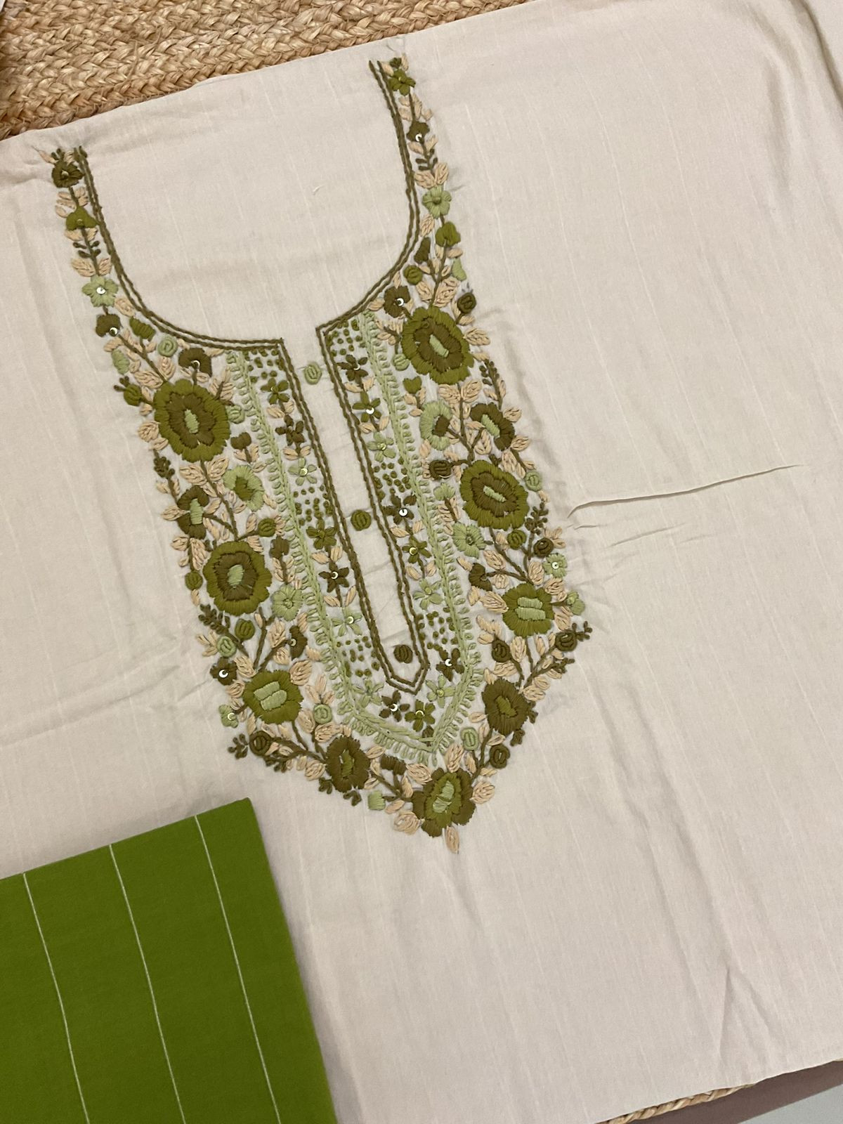 Pure Handloom Cotton Self Weaved Embroidered Suit - Beige