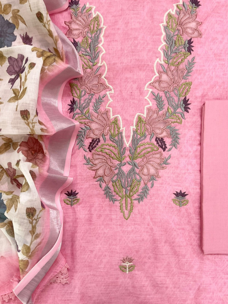 Image of Soft Linen Jute Cotton Printed Embroidered Suit - Pink