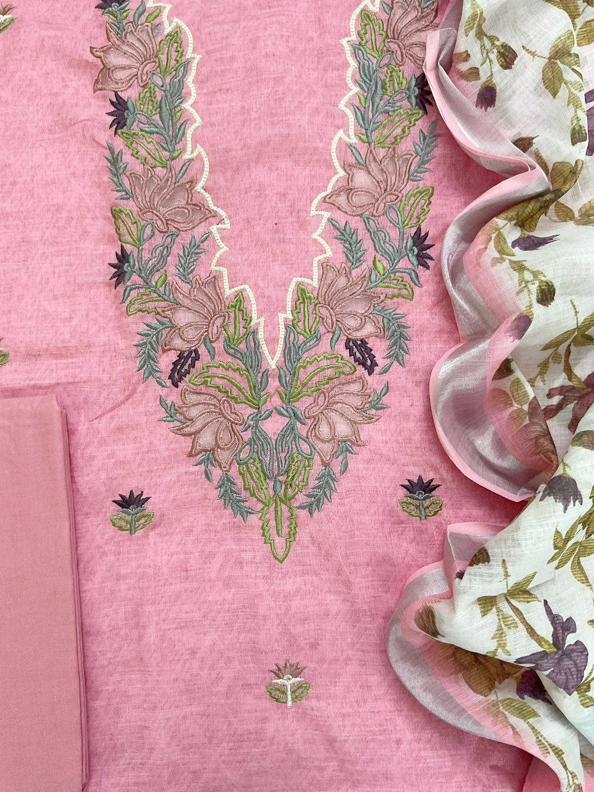 Soft Linen Jute Cotton Printed Embroidered Suit - Pink