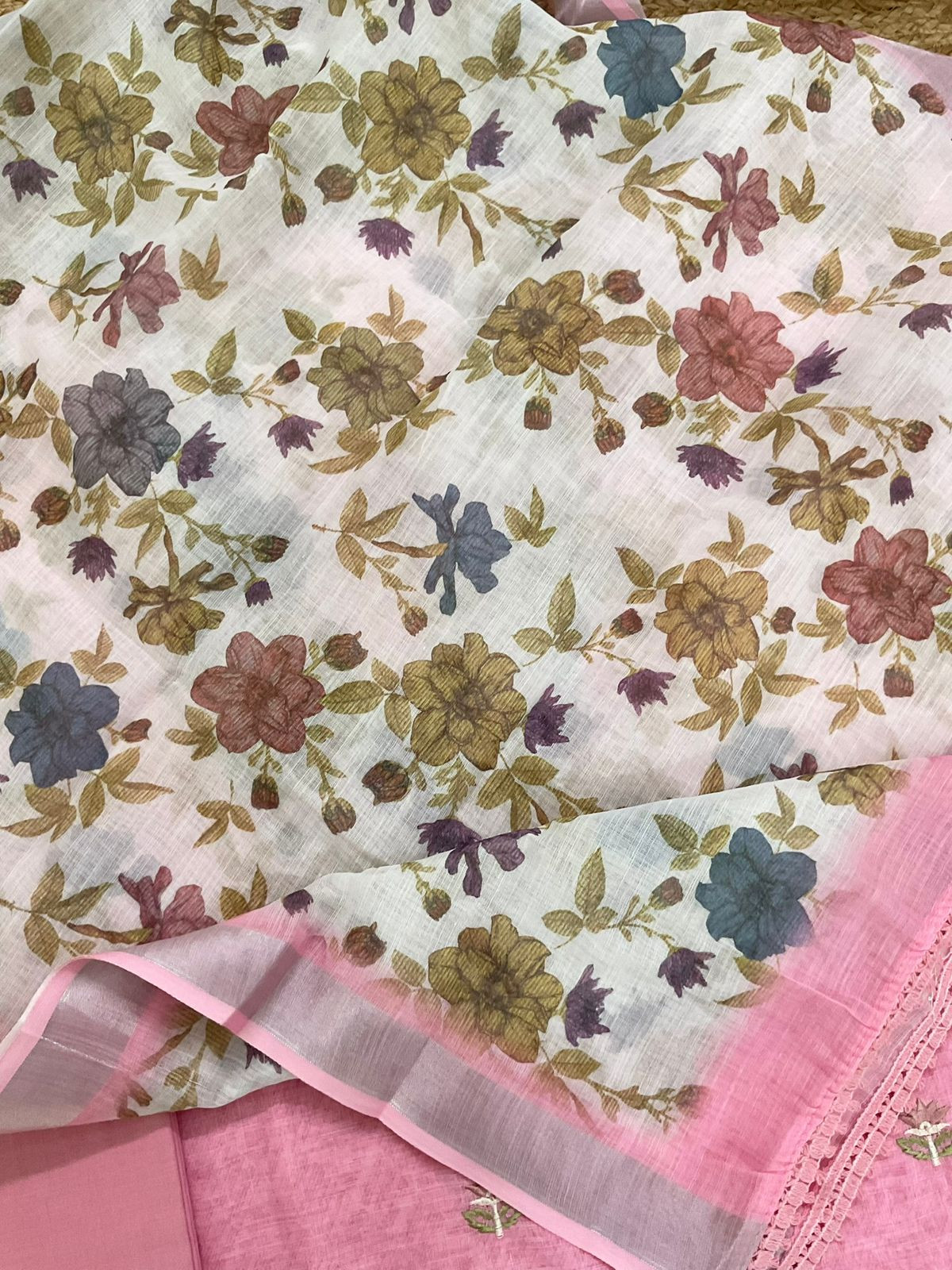 Soft Linen Jute Cotton Printed Embroidered Suit - Pink