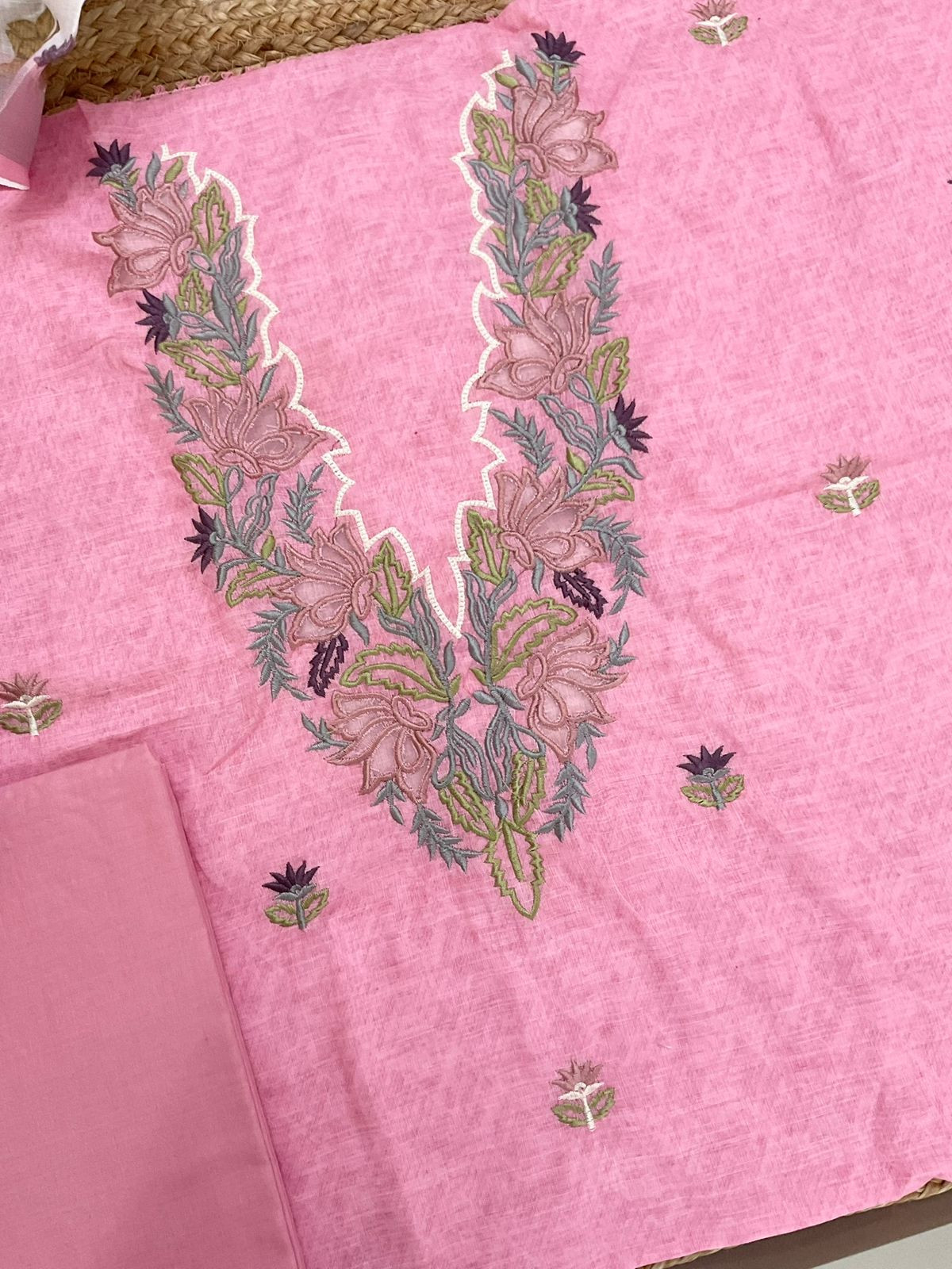 Soft Linen Jute Cotton Printed Embroidered Suit - Pink