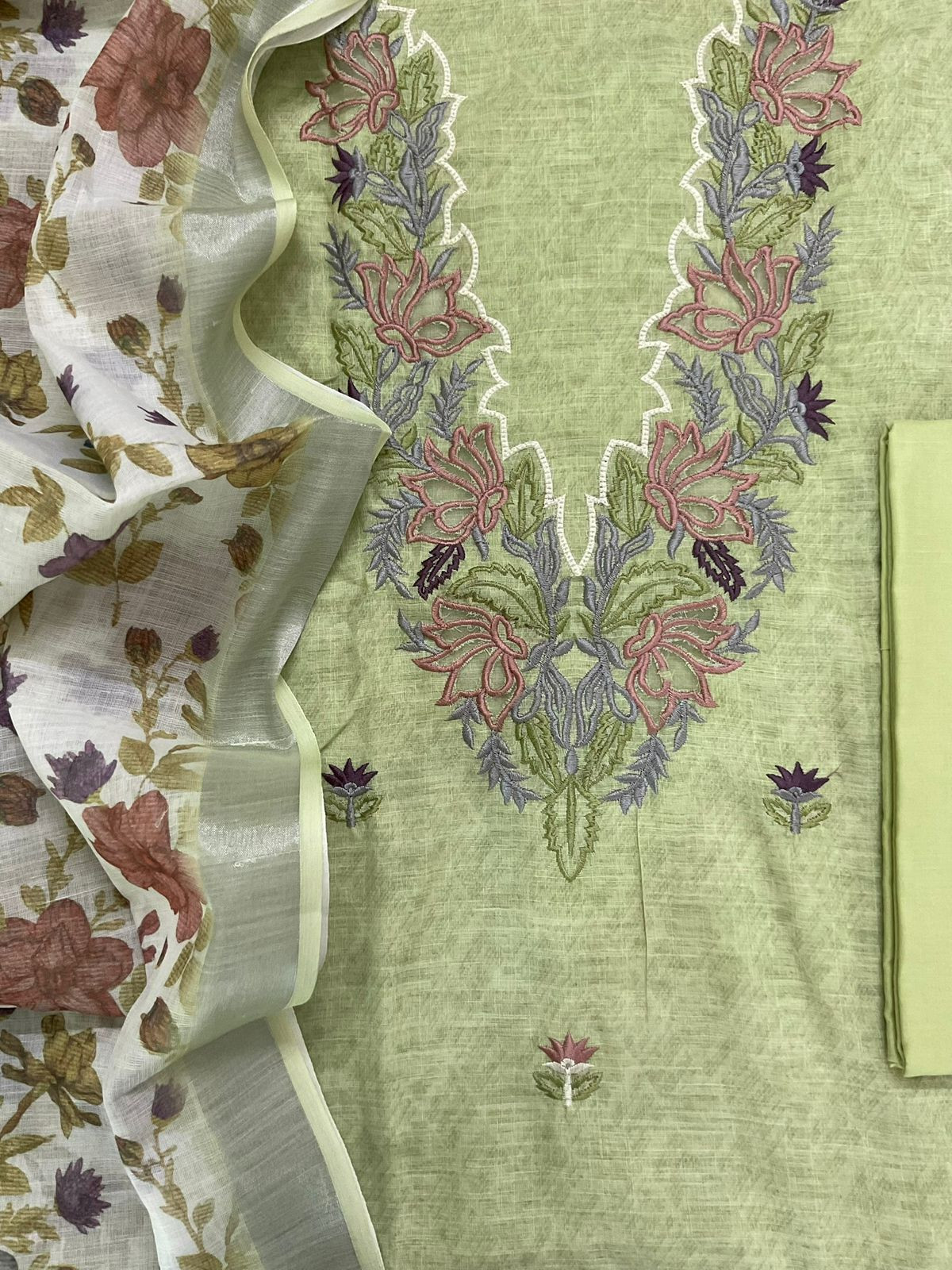 Soft Linen Jute Cotton Printed Embroidered Suit - Green