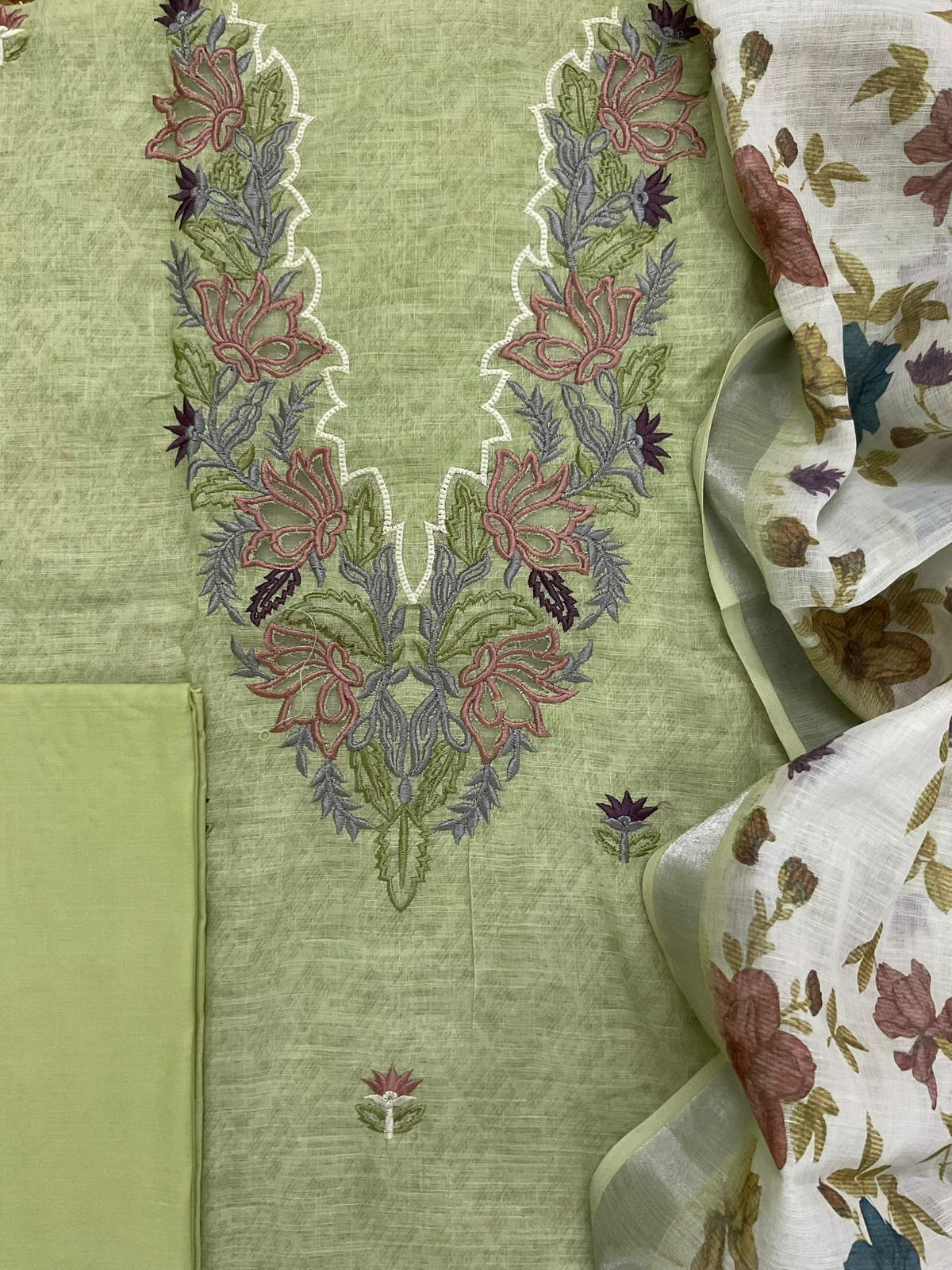 Soft Linen Jute Cotton Printed Embroidered Suit - Green