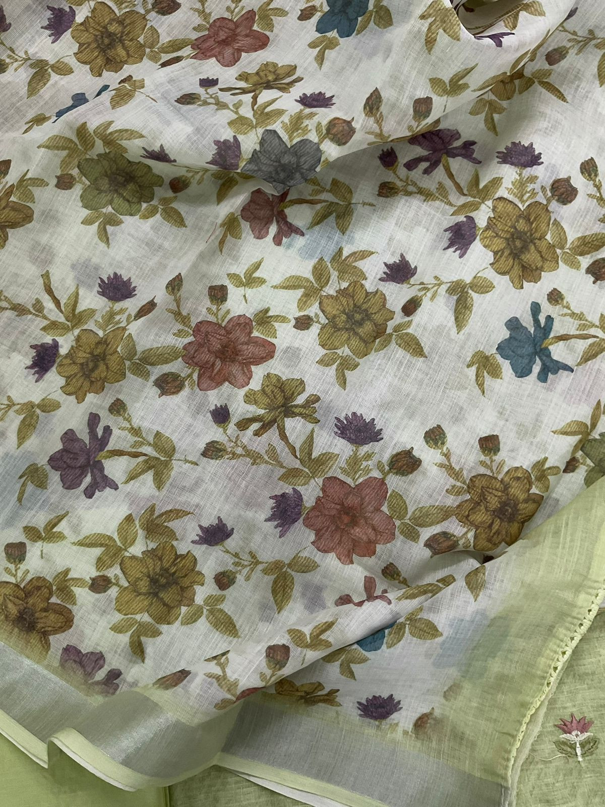 Soft Linen Jute Cotton Printed Embroidered Suit - Green