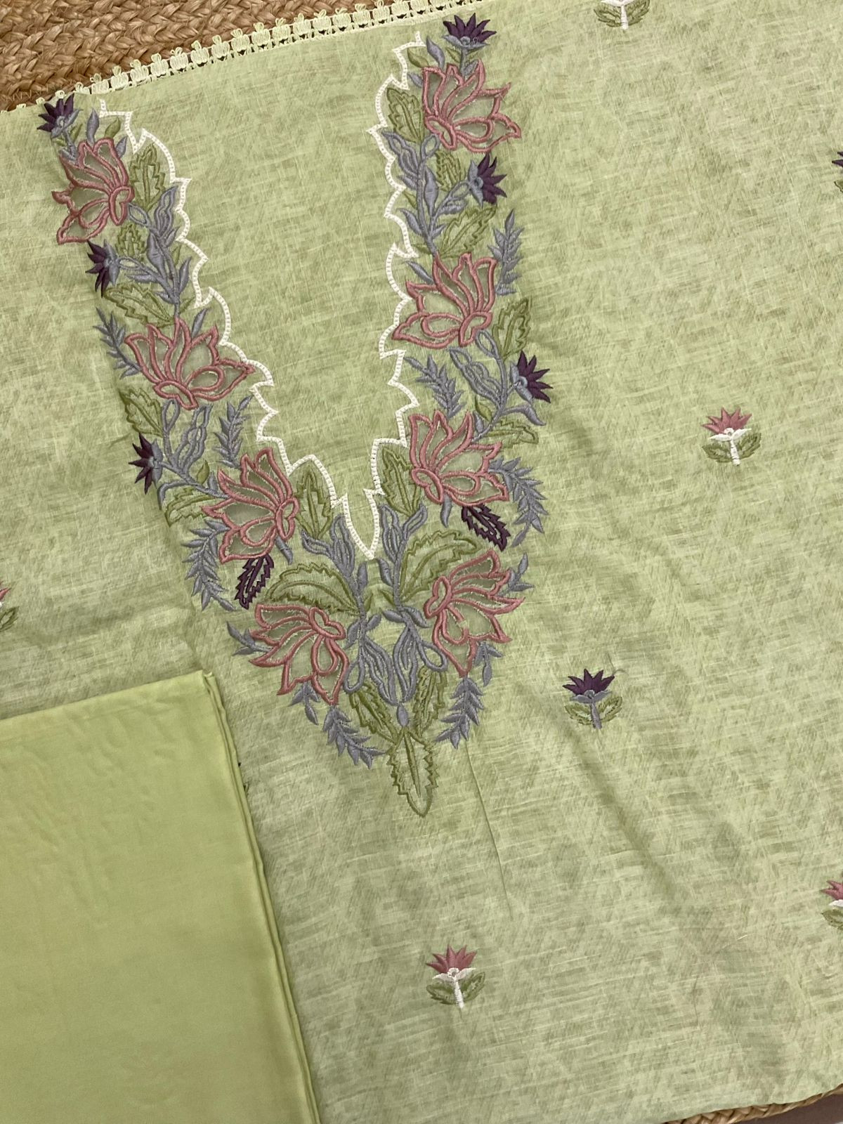 Soft Linen Jute Cotton Printed Embroidered Suit - Green