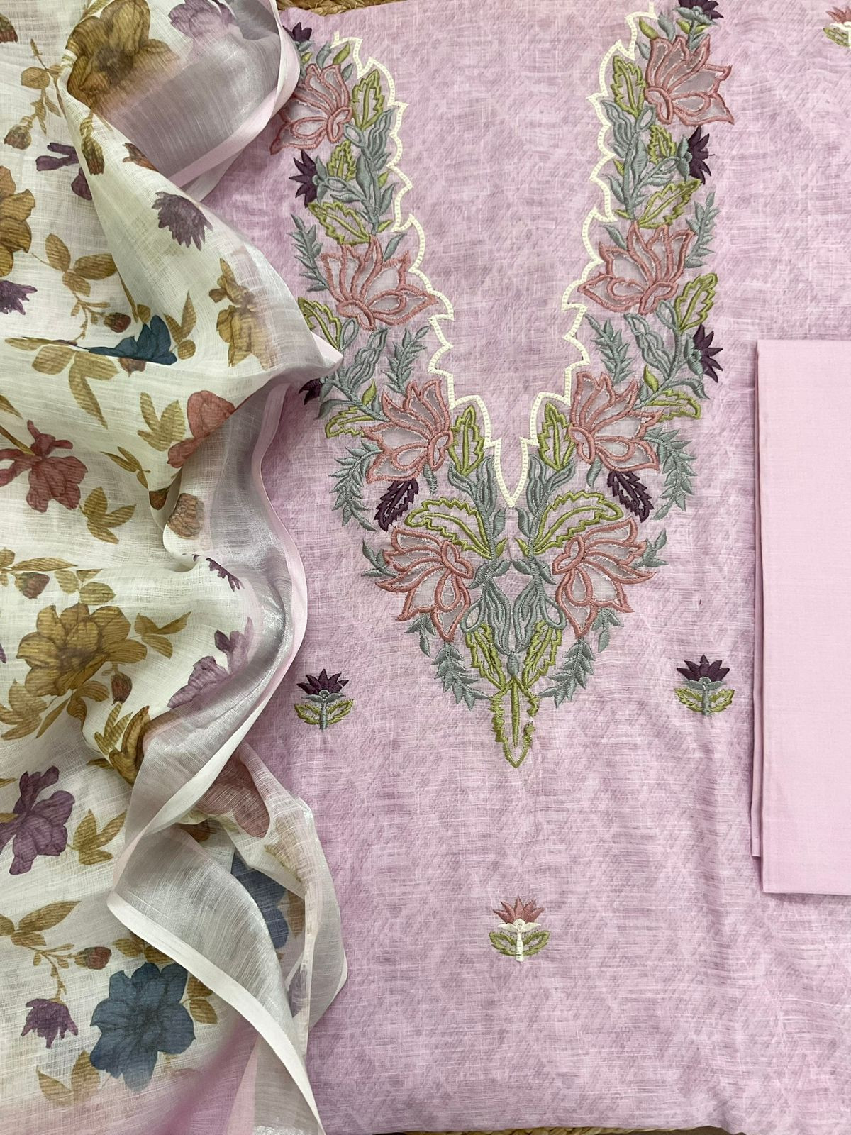Soft Linen Jute Cotton Printed Embroidered Suit - Lavender