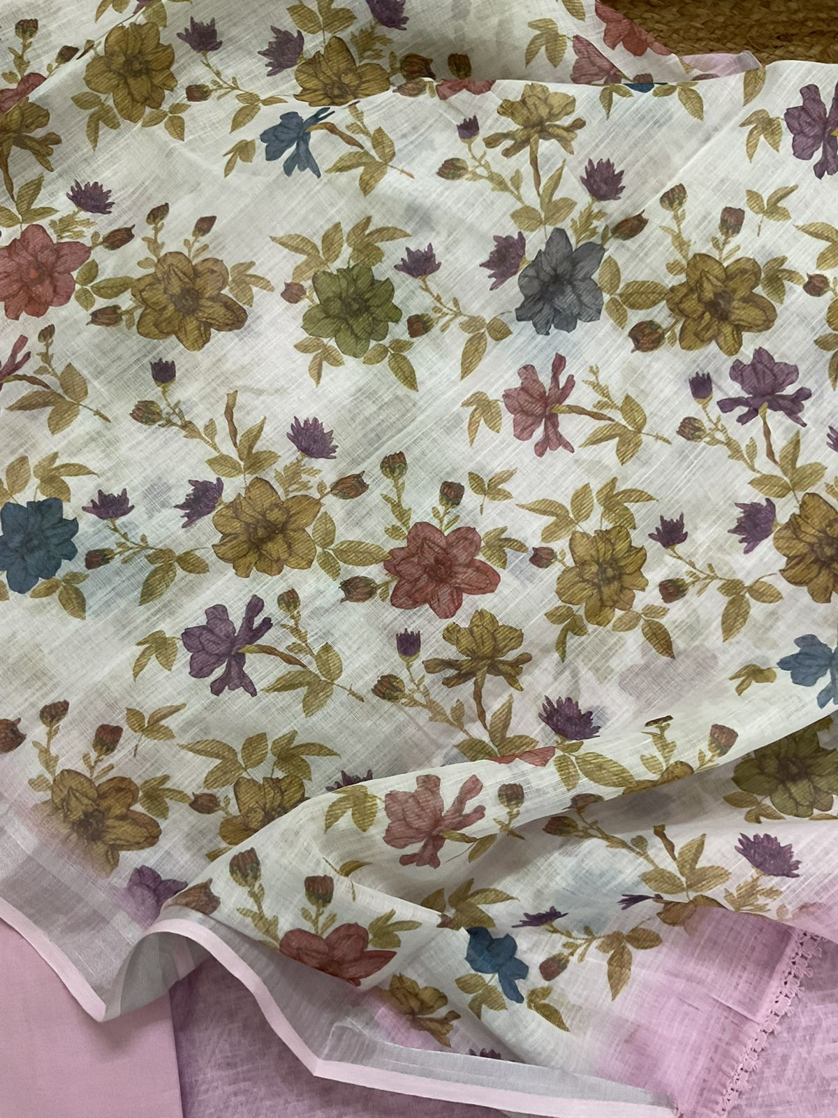 Soft Linen Jute Cotton Printed Embroidered Suit - Lavender