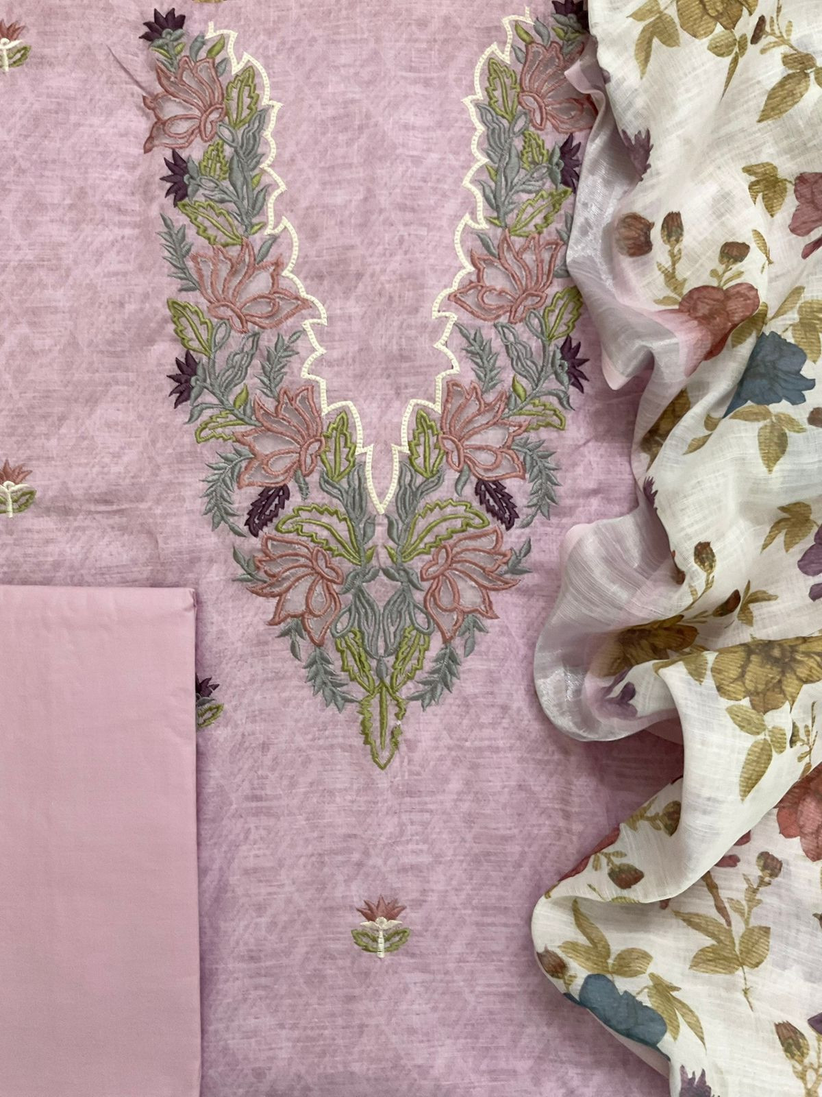 Soft Linen Jute Cotton Printed Embroidered Suit - Lavender