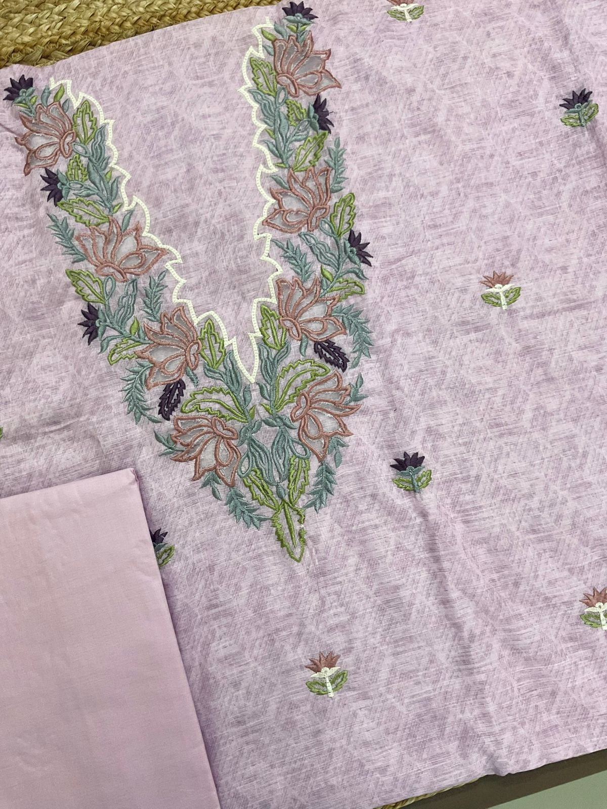 Soft Linen Jute Cotton Printed Embroidered Suit - Lavender