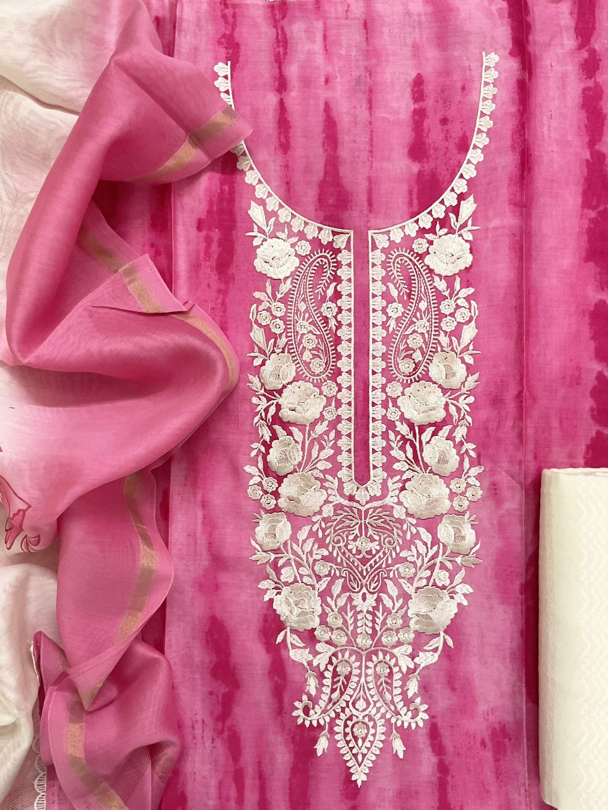 Pure Chanderi Printed Embroidered Suit - Pink