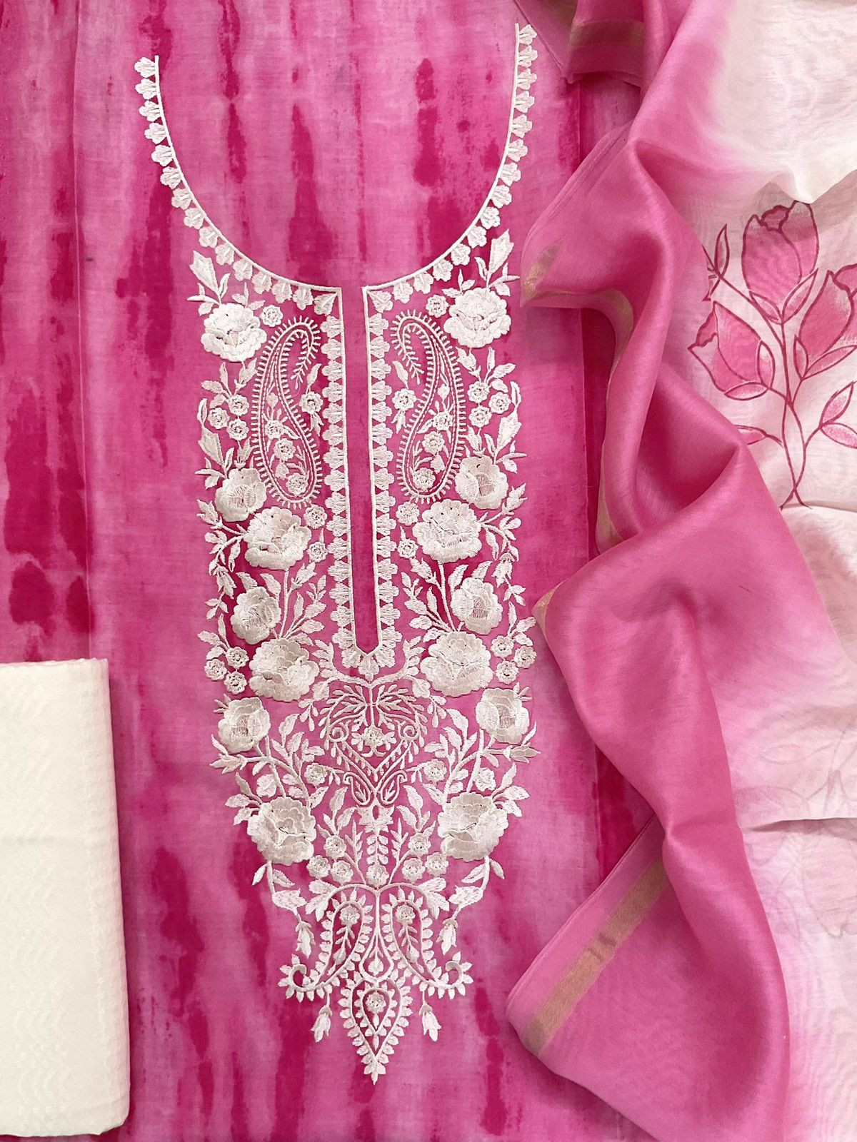 Pure Chanderi Printed Embroidered Suit - Pink