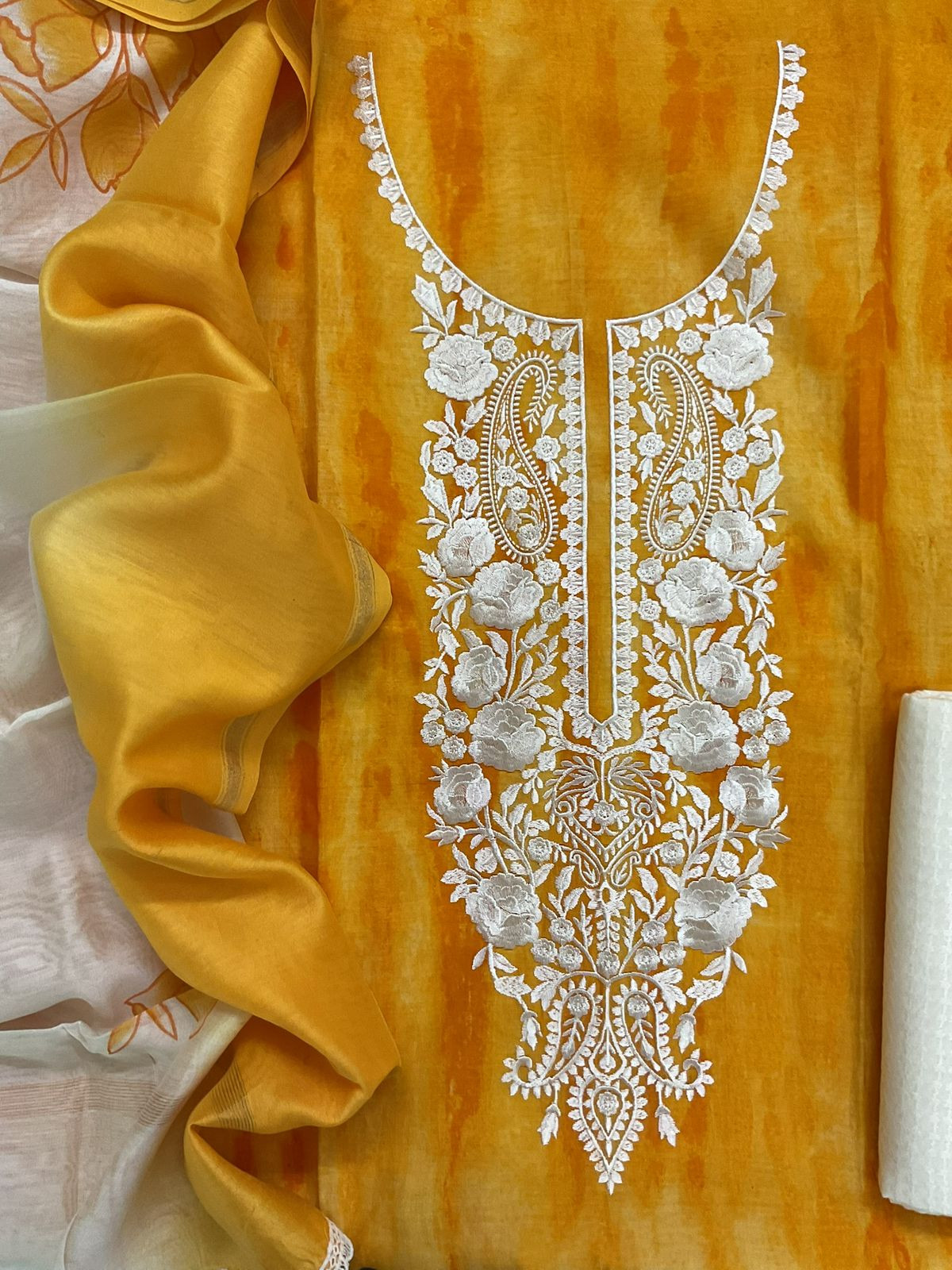 Pure Chanderi Printed Embroidered Suit - Yellow