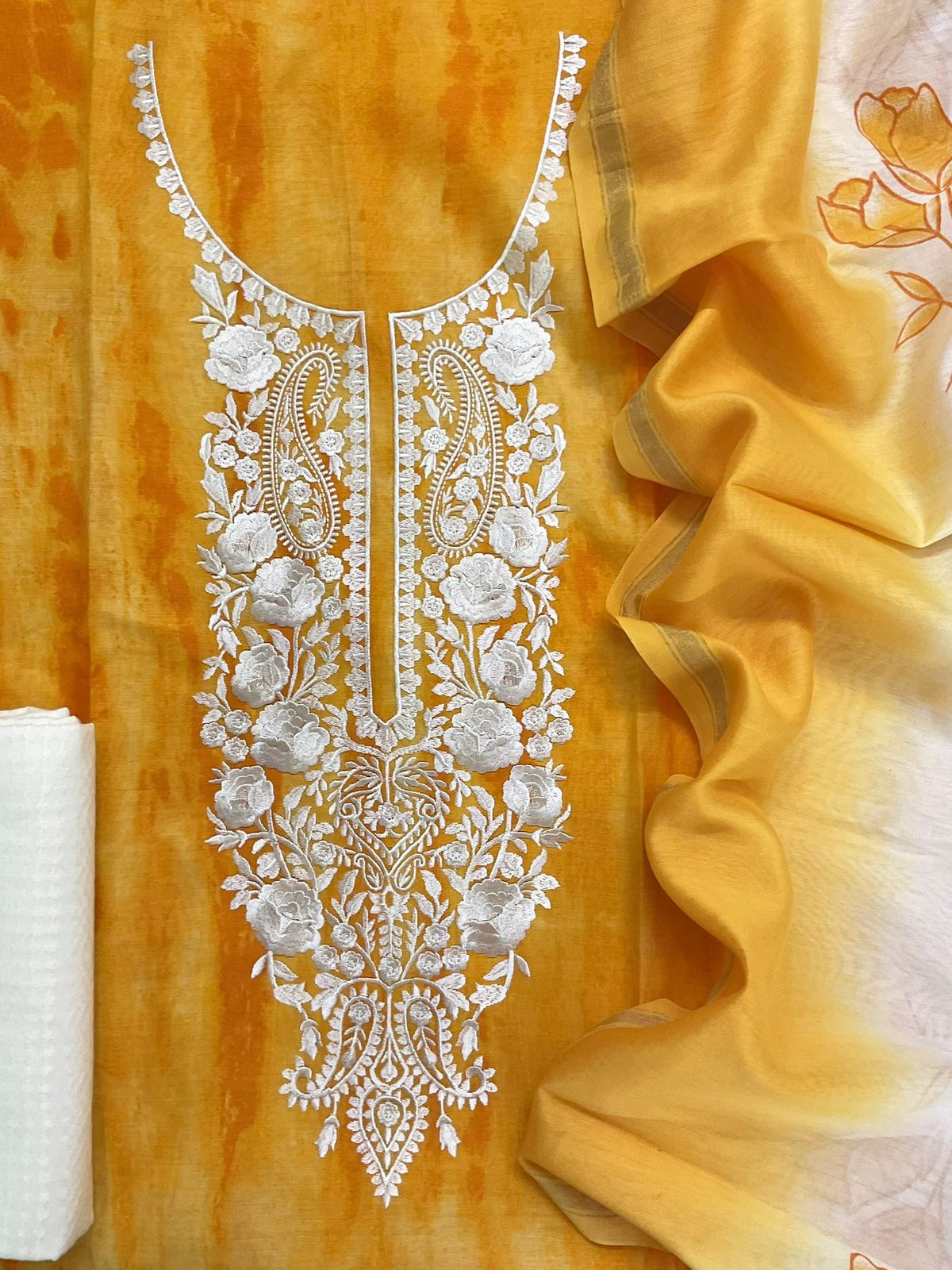 Pure Chanderi Printed Embroidered Suit - Yellow