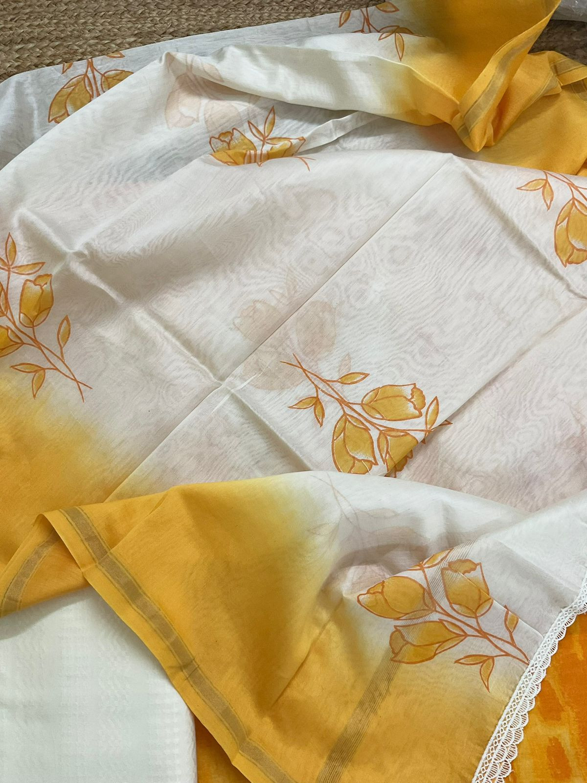 Pure Chanderi Printed Embroidered Suit - Yellow