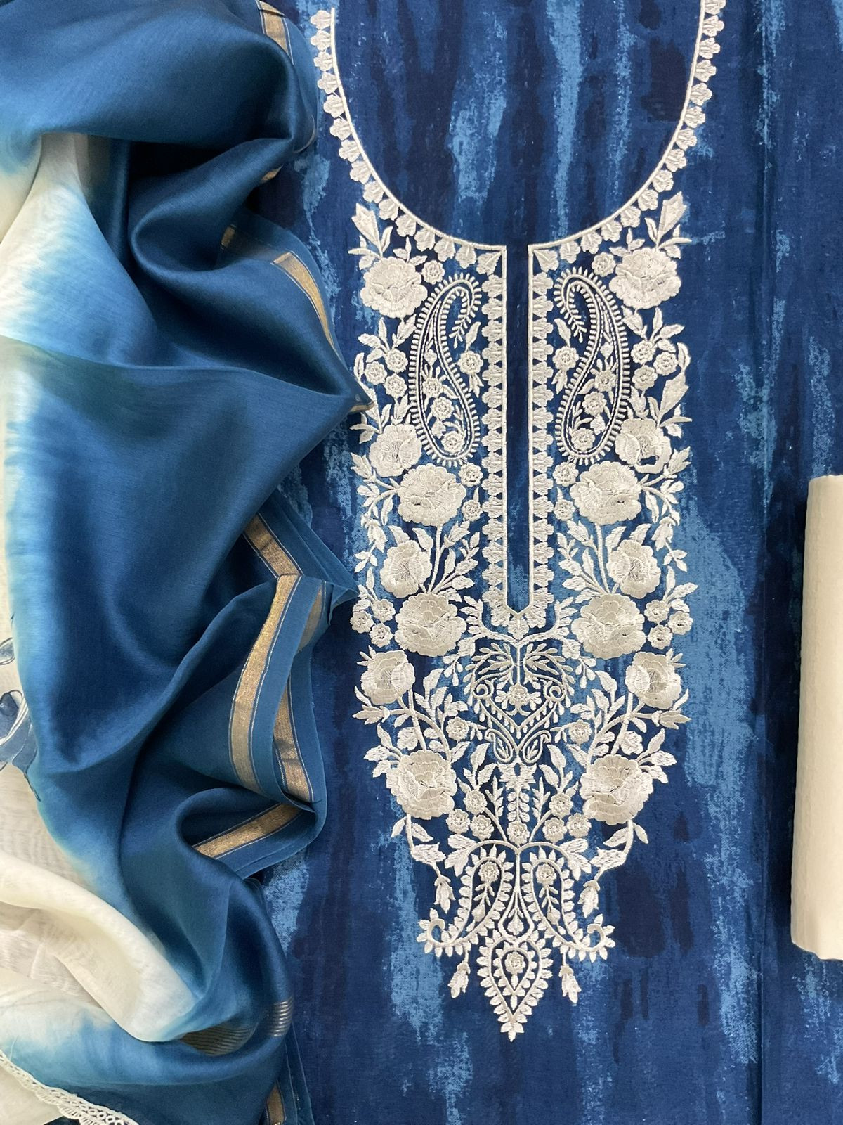 Pure Chanderi Printed Embroidered Suit - Blue