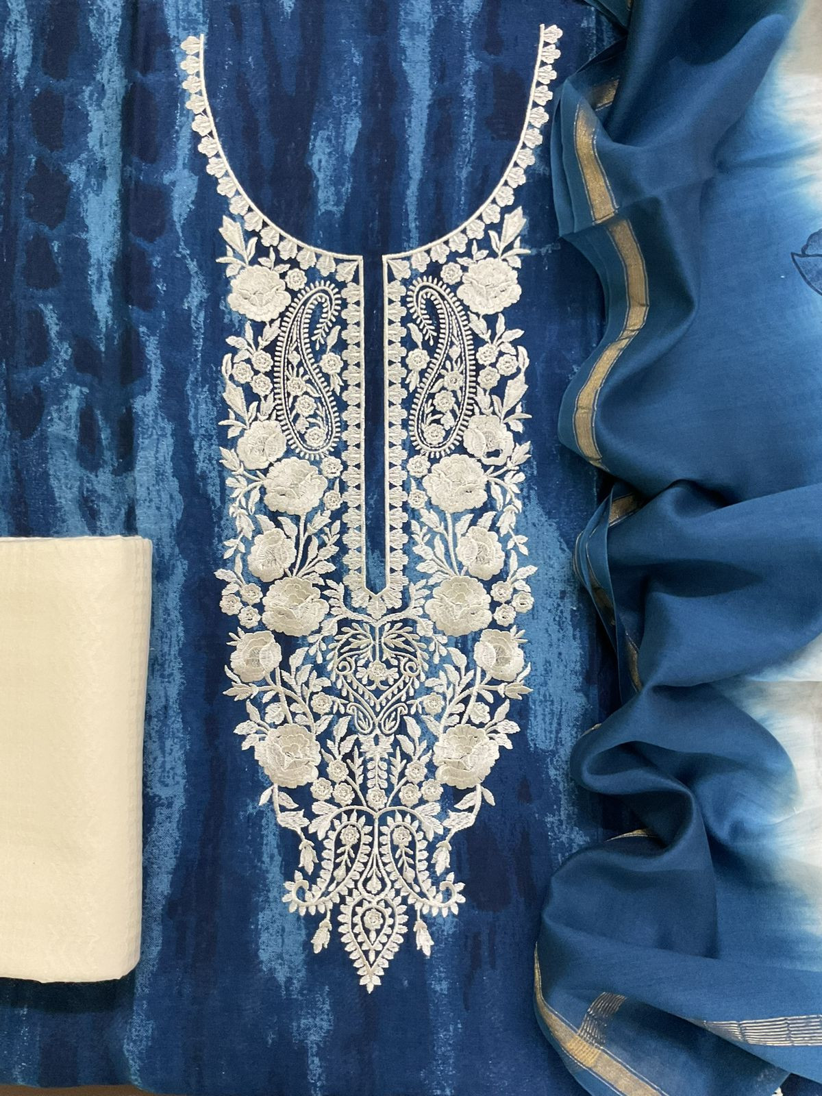 Pure Chanderi Printed Embroidered Suit - Blue